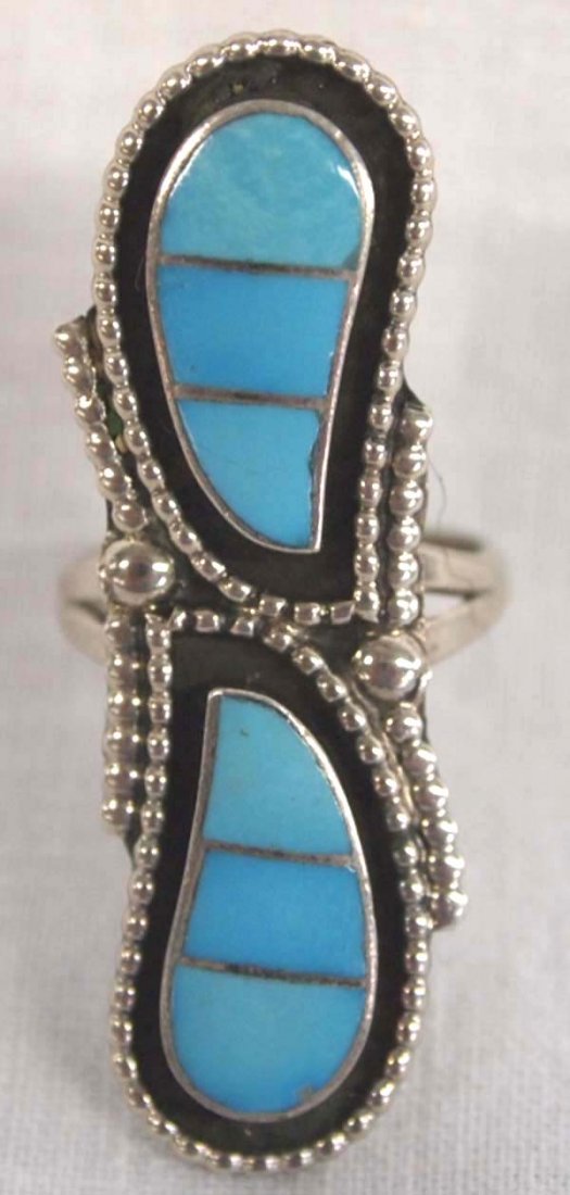 Zuni Sterling Channel Inlay Ring, Salvadore, Sz 5: Zuni Sterling Channel Inlay Ring by W. Salvadore, Size 5, engraved WS and Zuni, measures 1.5''L x .5''W, double band shank which melds into one, 5.6g in total wt.