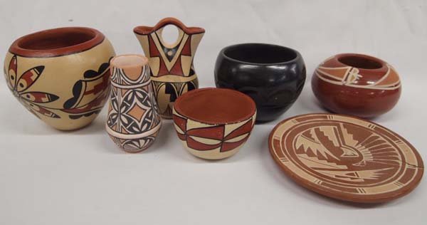 Collection of New Mexico Pueblo Pottery: Collection of New Mexico Pueblo Pottery, largest measures 3.5'' x 4.5'', #1 Jemez Polychrome Jar by J. Baca #2 Santa Clara Black on Black Jar #3 Jemez Polychrome Wedding Vase by J. Baca #4 Jemez Polyc