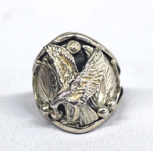 Navajo Sterling Eagle Ring, size 14.25 by S. King: Navajo Sterling Eagle Ring, size 14.25 by S. King, measures 1.25''L x 1'', silver bead accents, 19.6g in total wt.