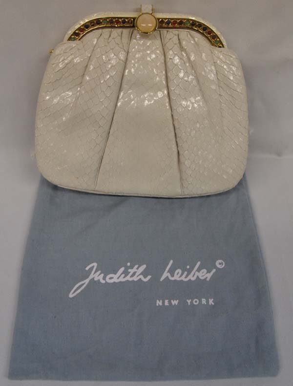 Judith Leiber of New York White Snakeskin Purse: Judith Leiber of New York White Snakeskin Purse, can either be a clutch bag or converted to shoulderstrap, stone embellishments line opening of purse (jade, amethyst, carnelian, and lapis), pink quart