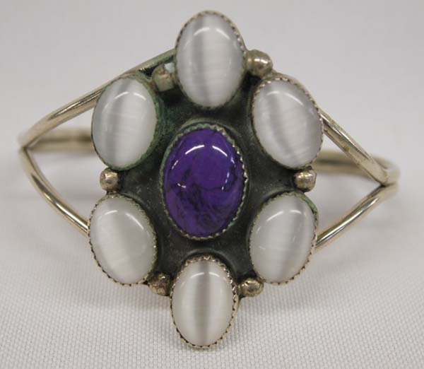 Vintage Navajo Moonstone and Sugilite Bracelet: Vintage Navajo Moonstone and Sugilite Bracelet, inside measures 7'' x 2''