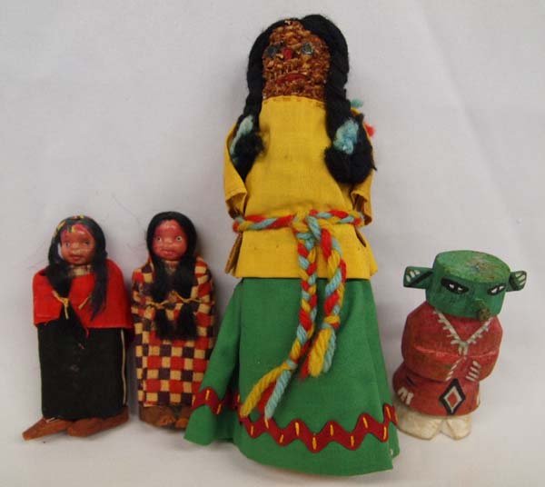 4 Native American Dolls, Includes Route 66 Kachina: 4 Native American Dolls, Includes Route 66 Kachina, largest measures 6.5'', #1 Navajo Corn Cob Doll #2 Two Carved Wooden Skookum Navajo Dolls with plastic heads and yarn hair #3 Route 66 Carved Kachin