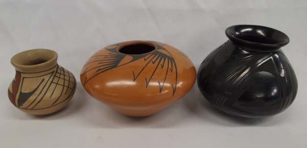 Three Southwest Pots Includes 2 Mata Ortiz: Three Southwest Pots Includes 2 Signed Mata Ortiz. 1. Mata Ortiz, geometric by M. Quezada 2. Burnished black on black by Oscar G. Quezada 3. Polychrome pot, signed Mexico. Largest pot measures 3.5'' x