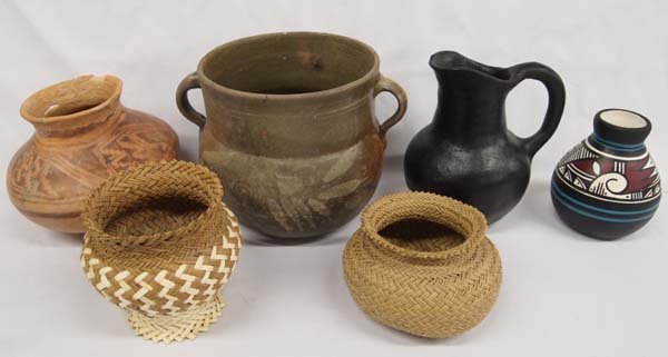 Pottery and Baskets, 3 Native American: Collection of Pottery and Baskets, largest measures 6.5'' x 10'', #1 1999 Navajo Polychrome Jar by Harrison Juan #2 Mexican Pitcher signed Marie, chip in rim #3 Mexican Hidalgo Double Handled Jar #4 V