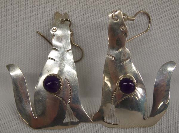 Navajo Silver Sugilite Howling Wolf Earrings: Navajo Sterling Silver Sugilite Howling Wolf Earrings, measure 2''L, stamped sterling, 6.48g in total wt.