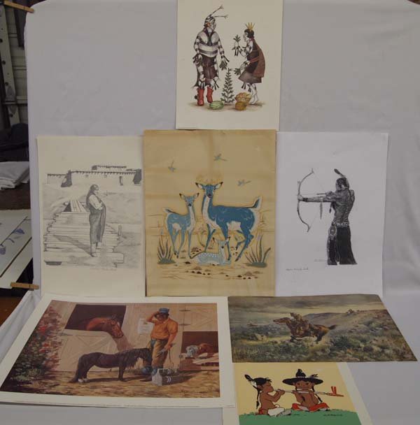 Collection of 7 Prints: Collection of 7 Prints. #1 ''Zuni Governor'' by Paula Beck. Signed & numbered 210/1000. #2 ''The Befuddled Farrier'' by Hildred Goodwine. #3 Print by H W Hansen from the Chicago Colortype Co, Chicago 