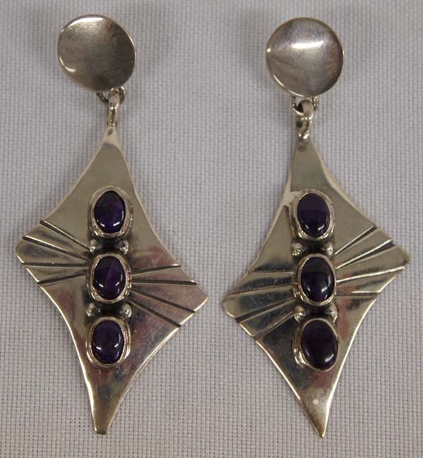 Navajo Sterling Silver Sugilite Dangle Earrings: Navajo Sterling Silver Sugilite Dangle Earrings, measure 2.75''L x 1''W, stamped sterling, 9.24g in total wt.