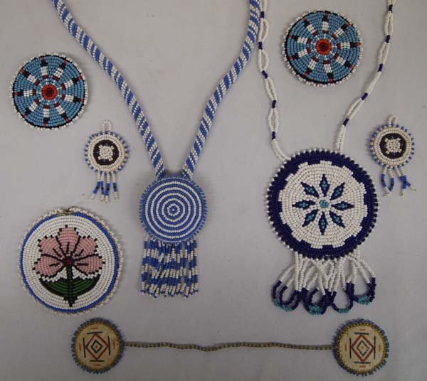 Collection of Native American Beadwork: Collection of Native American Beadwork, longest measures 34'' end to end, 2 necklaces, earrings, hair ties, and misc.