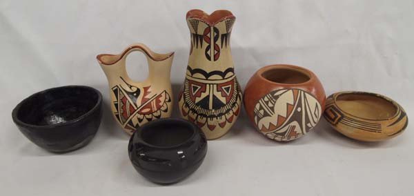 Collection of New Mexico + Arizona Pueblo Pottery: Collection of New Mexico Pueblo Pottery, largest measures 7'' x 3.5'', #1 Jemez Polychrome Wedding Vase by Virginia Romero #2 Vintage Jemez Polychrome Pulled Spout Vase with Fluted Rim #3 Santa Clara