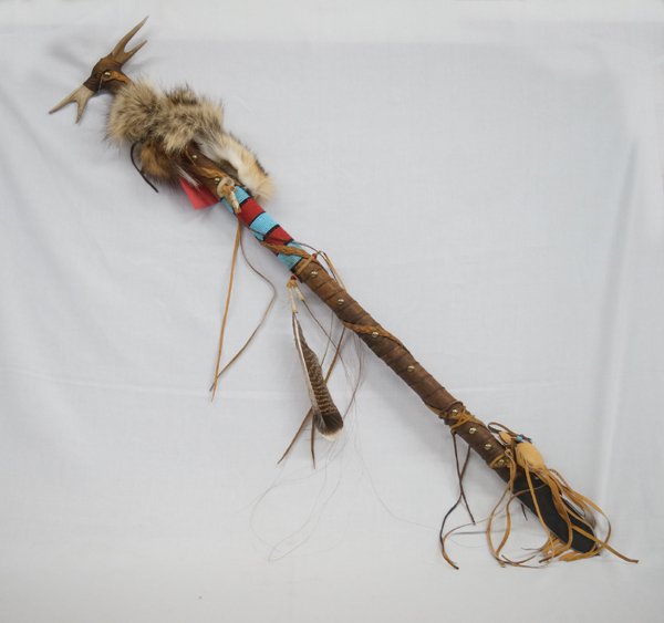 Tigua Pueblo Indian Trail Marker with COA: Tigua Pueblo Indian Trail Marker made by Marty and Terry Pein, comes with COA, embellished with coyote fur, antlers, beadwork, feathers, horse hair, leather fetish bag, brass brads, leather wrapped sh