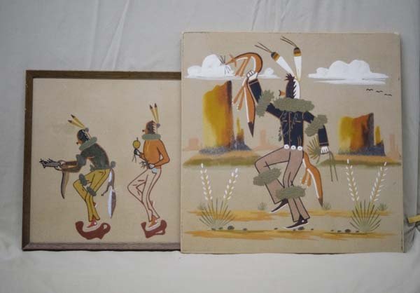 2 Navajo Sand Paintings by Watchman and Price: 2 Navajo Sand Paintings by Alfredo Watchman and Wilson Price, Sr., largest measures 13'' x 24'', #1 on back is written ''Yea-be-Cha Alfredo Watchman Sheep Springs T.p. (Trading Post) N.M.'', framed in