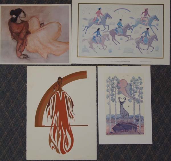 Collection of Native American Prints: Collection of Native American Prints, largest measures 17'' x 27'', can be rolled to ship, #1 Going to the Squaw Dance by Harrison Begay (1951 - Commemorating 33 Years - 1984) TEWA Enterprises, Santa 