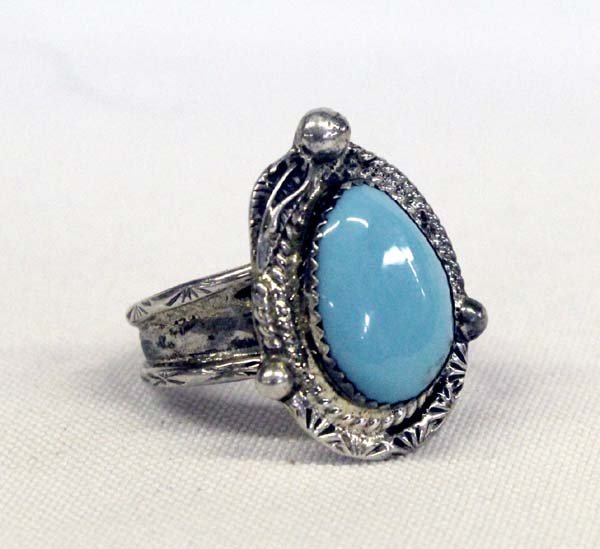 Navajo Old Pawn Sterling Turquoise Ring, Size 13: Navajo Old Pawn Sterling Silver and Bisbee Blue Turquoise Ring by John Delvin, hallmarked D, Size 13, measures 1''L, 8.45g in total wt.