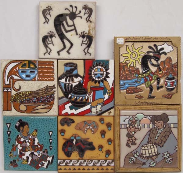 7 Southwestern Style Tiles: 7 Southwestern Style Tiles to use as wall decor, trivets or coasters. The largest of these measures approx. 7 '' square.