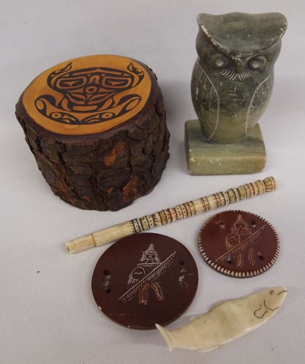 Northwest Coast Collectibles: Northwest Coast Collectibles, #1 Carved Soapstone Owl is the largest and measures 4''H #2 Wood Box by World Renowned Tsimpshian artist Bill Helin #3 Pair of Carved Pipestone Gorgets #4 Carved Ivory Sa