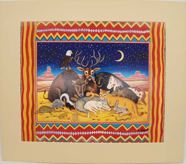 Diana Bryer Matted Print: Diana Bryer Matted Print. In vivid colors this print depicts Animals big and small, friend and foe, all lying together in harmony. The artist has been painting and exhibiting here work for over 40 yea