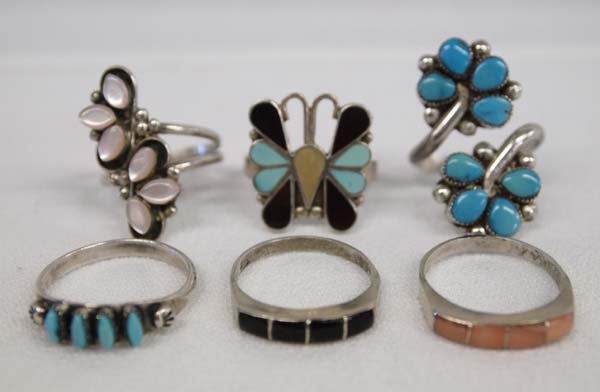 6 Zuni Sterling Silver Rings, Multi-Stone: 6 Zuni Sterling Silver Rings, Multi-Stone, #1 Channel Inlay Butterfly size 8.5 #2 Pink Mother of Pearl Flowers hallmarked T&NN, size 7 #3 Four Stone Turquoise Petit Point size 8 #4 Channel Inlay Onyx 