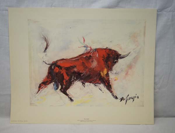 Limited Edition Red Bull Print by Ted De Grazia: Limited Edition Red Bull Print by Ted De Grazia, measures 12'' x 16'', printed on the bottom reads ''Limited Edition--First Printing--1000 Only'', also printed in the middle on the bottom reads ''Red