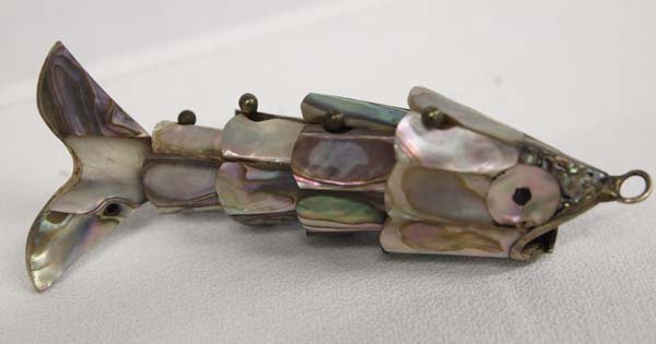 1950 Mexican Articulated Abalone Fish BottleOpener: 1950 Mexican Articulated Abalone Fish Bottle Opener, could also be worn as a pendant, measures 1''W x 4''L