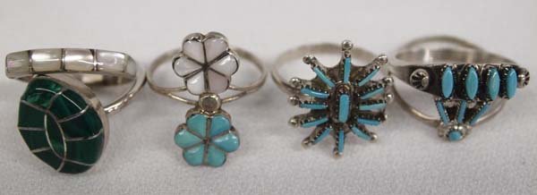 6 Zuni Sterling Silver Turquoise Rings: 6 Zuni Sterling Silver Turquoise Rings, #1 Sterling Needlepoint Turquoise (4 stone) size 7 #2 Sterling Mother of Pearl Channel Inlay size 6 #3 Sterling Needlepoint (13 stone) size 6 #4 Sterling Petit