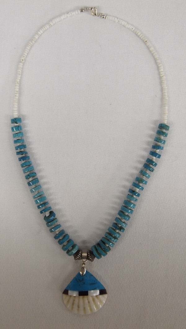 Santo Domingo Turquoise Inlay Shell Necklace: Santo Domingo Turquoise Inlay Shell Necklace, sky blue turquoise beads with white shell accents, measures 19'' end to end, inlay seashell with turquoise, mother of pearl, and jet