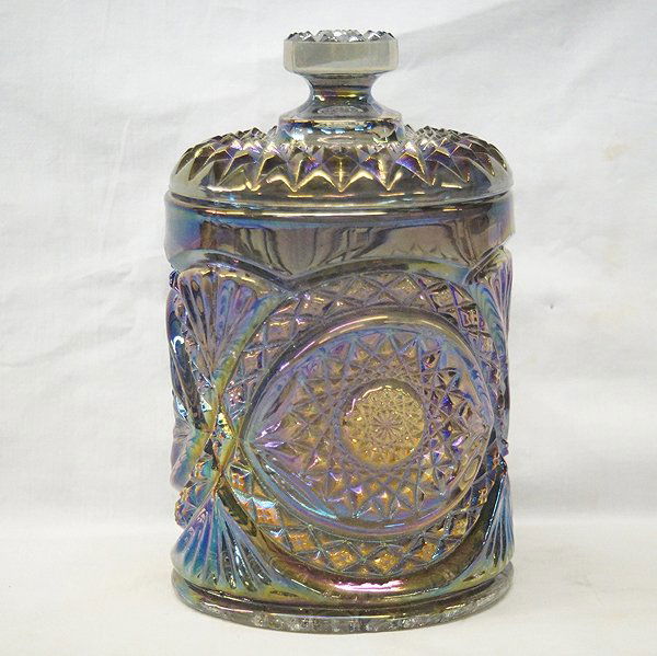 Vintage 1950 Imperial Hobstar Lidded Cookie Jar: Vintage 1950 Imperial Blue Carnival Glass Hobstar Lidded Cookie Jar, measures 8''H x 5''D