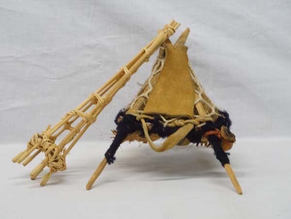 Collection of 2 Apache Woven Collectibles: Collection of 2 Apache Woven Collectibles, longest measures 5.5''H x 7.5''W, includes miniature burden basket and fish trap