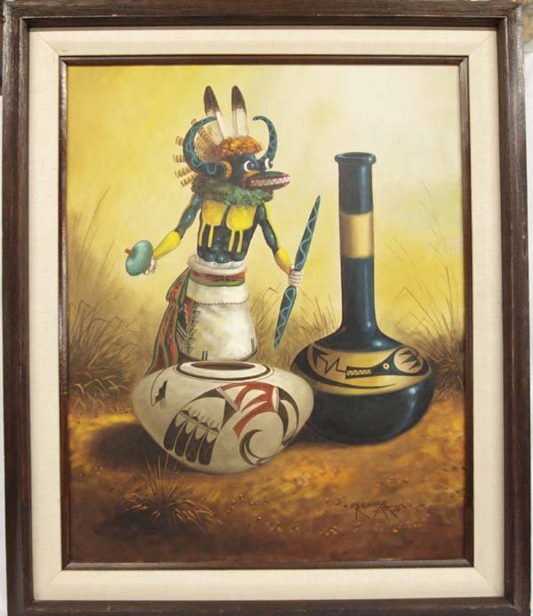 Original Acrylic Harvest Kachina by R. Yellowhair: 1976 Navajo Original Acrylic Harvest Kachina by Master Navajo Painter Robert Yellowhair, wooden frame, visual measures 29.5''L x 23.5''W, signed in lower left corner by artist, comes with 2nd Place Ri