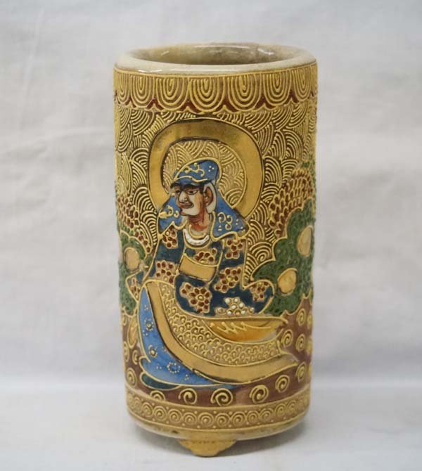 Antique Meiji Satsuma Jar, Shimazu Family Crest: Antique Meiji Satsuma Jar with Shimazu Family Crest, measures 6''H, The body decorated in Kyoto Brocade Satsuma style (Buddhist Master or Disciple) heads, other details outlined in moriage raised slip