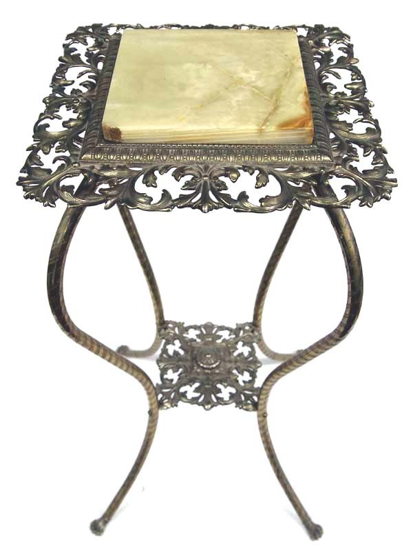 Antique Marble Top Brass Table with Paw Feet: Antique Brass Marble Topped Table with Paw Feet, measures 29''H x 13''W x 13''W, has several hallmarks which include a cross, an asterisk, 999, Pat. July 3, 1894, and the following serial numbers 6161