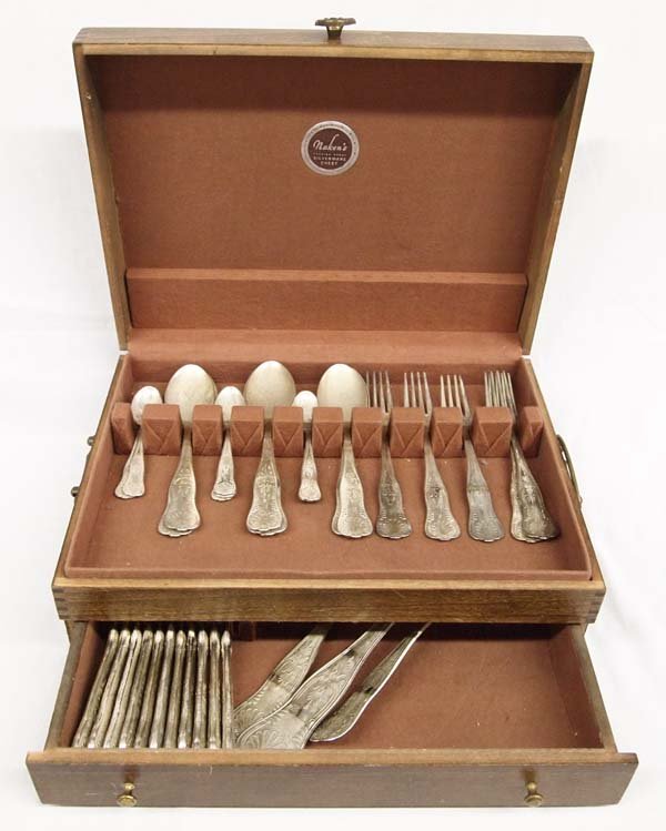 German Silver 800 AMZ Silverware in Wooden Box: German Silver 800 AMZ Silverware in Wooden Box, box measures 6''H x 15'' x 11''Deep, 80% silver, German made, set includes 7 demi spoons, 8 serving spoons, 5 forks, 411 knives, 1 large ladle, 1 large 