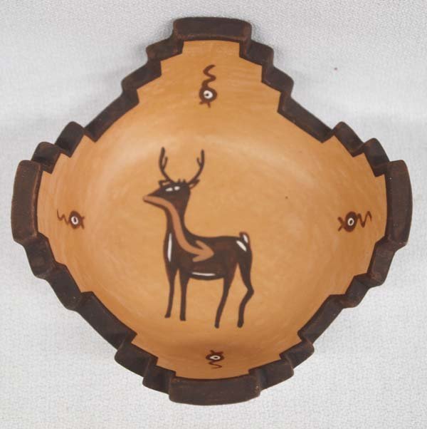 Zia Miniature Kiva Deer Pottery Dish by Peynetsa: Exquisite 1998 Zia Miniature Kiva Deer Polychrome Pottery Dish by Agnes Peynetsa, measures 1'' x 4'', cutaway stairstep cloud designed rim, tadpole in each quadrant, signed on bottom by artist