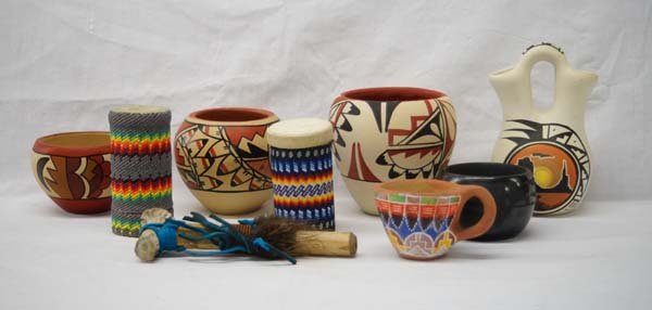 Native American Pueblo Collectibles: Native American Pueblo Collectibles, largest measures 6''H x 3.5''L x 3.5''W, #1 Jemez Poster Paint Cup #2 Paiute Beaded Containers #3 Santa Clara Jar by Mary #4 Polychrome Jemez Jar by J. Baca #5 Pol