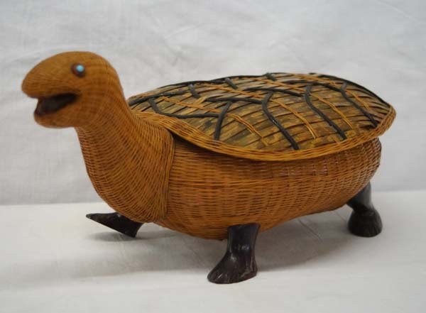 Oriental Woven Lidded Turtle Basket: Oriental Woven Lidded Turtle Basket, measures 5.5''H x 7''W x 13''L, shell comes off to reveal storage compartment
