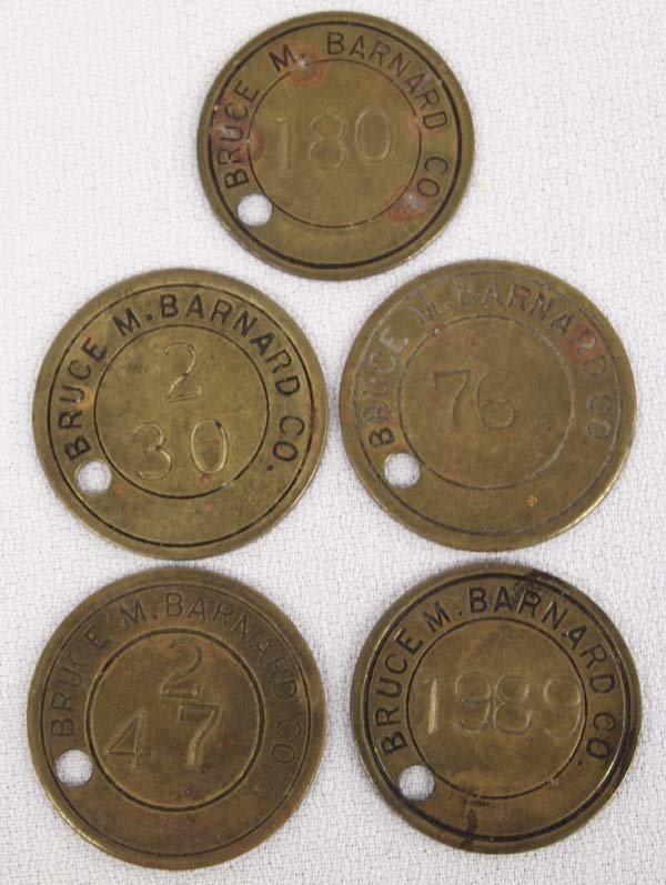 4 Round Brass Tool Shed I.D. Tags: 4 Round Brass Tool Shed I.D. Tags, from the Bruce M. Barnard Co.