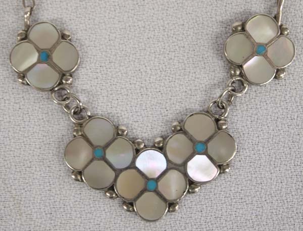 Vintage Zuni Sterling Inlay Necklace by Simplicio: Vintage Zuni Sterling Inlay Necklace by L. M. Simplicio, beautiful piece of older Zuni sterling silver set with inlay mother of pearl and turquoise floral design hallmarked L.M. Simplicio Sterling Zun