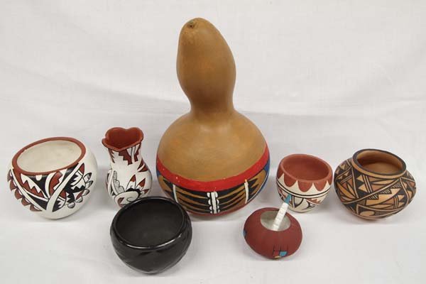 Collection of New Mexico Pueblo Pottery & Gourds: Collection of New Mexico Pueblo Pottery & Gourds, largest measures 12''H, #1 Jemez Jar by Mary Abeyta #2 Jemez Jar by B. Gachupin #3 Acoma Jar by J.A. #4 Santa Clara by Duran #5 Jemez Vase by M. Toya 