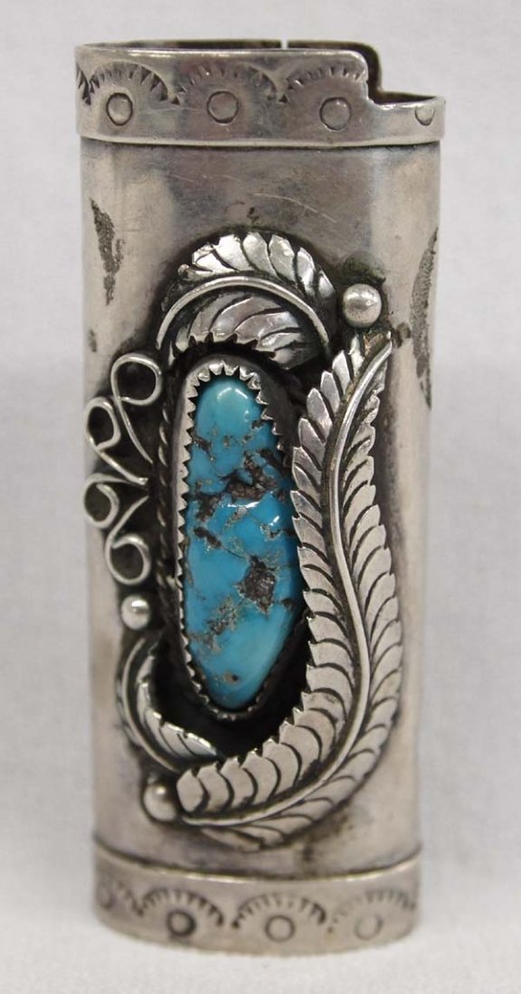 Navajo Sterling Silver Turquoise Lighter Cover: Navajo Sterling Silver Natural Kingman Turquoise Lighter Cover, hand stamped, hallmarked AJ, measures 3''L x 1.25''W, 28g in total wt.