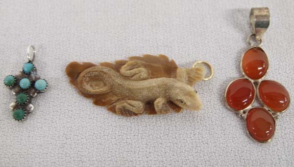 3 Pendants, Some Sterling, Multi-Stone: 3 Pendants, Some Sterling, Multi-Stone, Longest is Carved Lizard Pendant measuring 1.5''L x .75''W, Zuni Sterling Turquoise Cross Pendant, and Sterling Carnelian