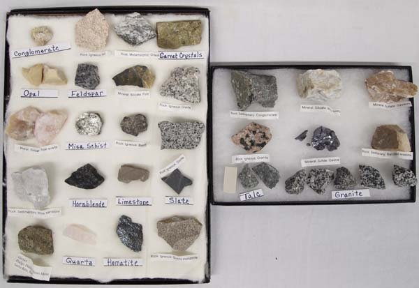 Collection of Rocks and Minerals: Collection of Rocks and Minerals, largest measures 2'' x 3'', included are: opal, conglomerate, garnet crystals, gneiss, ash, feldspar, flint, granite, rose quartz, mica schist, basalt, diorite, white