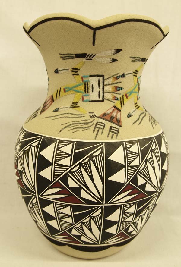 Large Acoma Sand Painted Pottery Vase by D. Mescal: Large Acoma Sand Painted Pottery Vase by D. Mescal and L. Vaca, measures 10.5''H x 8''D, signed on bottom by artist, the very bottom and top sections are beautifully sand painted, the mid-section is b