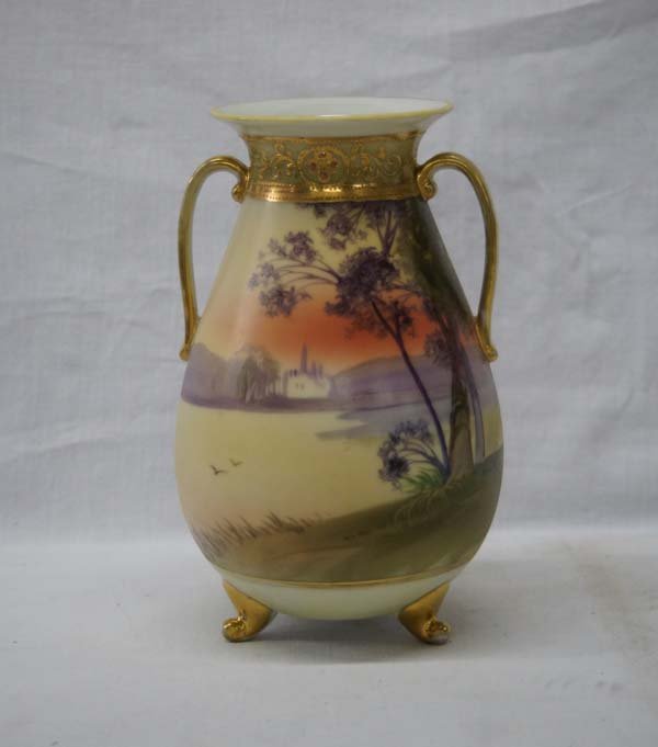 Hand Painted Nippon Gold Gilt Double Handled Vase: Hand Painted Nippon Gold Gilt Double Handled Vase, measures 7'' x 5'', tri-legged, marked on bottom