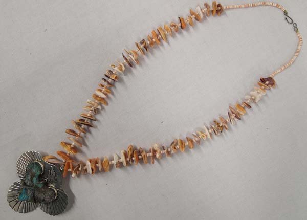 Navajo Silver Carved Turquoise Pendant Necklace: Phenomenal Vintage Navajo Silver Carved Turquoise Phoenix Bird Pendant Necklace by P. Skornik, necklace is spiny red shell and measures 26'' end to end and pendant measures 3'' x 3'' and is signed P.