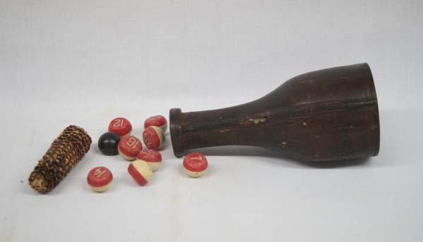 Antique Fraternal Black Ball & Ballotas, Leather Bottle: Antique Fraternal Black Ball Ballotas in Leather Bottle, corncob stopper, measures 7"H x 3"D, features 30 plus red and white numbered balls flattened on one end and one black ball Since the seventeent