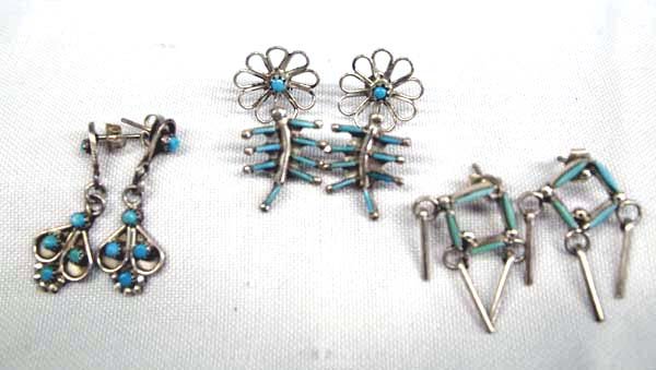 4 Pr Zuni Sterling Silver Turquoise Earrings: 4 Pr Zuni Sterling Silver Turquoise Earrings, longest measures 1''L, includes both petit point and needlepoint sterling silver earrings, nice variety, 8.9g in total wt.