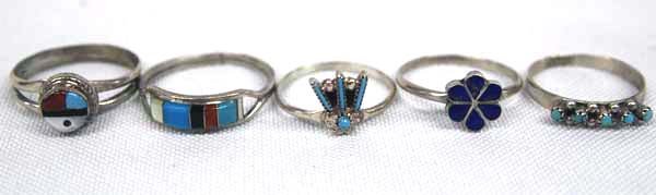 5 Zuni Sterling Silver Rings, Multi-Stone: 5 Zuni Sterling Silver Rings, Multi-Stone, #1 Lapis Flower Size 7.25 #2 Sterling Turquoise Petit Point (5 Stones) Size 6.25 #3 Sterling Sun God Size 7.75 #4 Sterling Needlepoint (4 Stones) Size 6.75 #