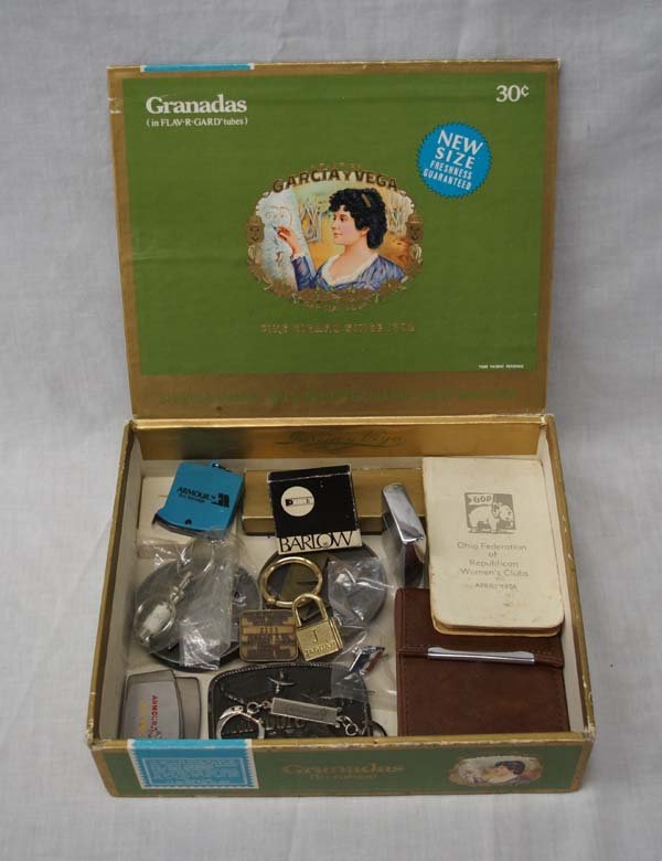 Advertising and Toy Collection: Advertising and Toy Collection in Garcia y Vega Cigar Box, longest measures 6''L, #1 Armour Dry Sausage Lockback Folding Knife #2 April 1956 Ohio Federation of Republican Women's Clubs Notebook, #3 Ma