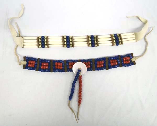 Pr of Cherokee Style Chokers: Pr of Cherokee Style Chokers, including one Beaded & One Hare Bone style chokers, measures approx. 16''L x 2''W