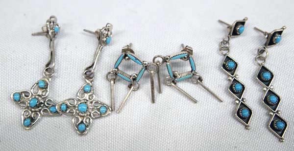 3 Pair Zuni Sterling Turquoise Earrings: 3 Pair Zuni Sterling Turquoise Earrings, longest measures 2''L x .25''W, #1 Sterling Petit Point Turquoise, #2 Sterling Petit Point Shadowbox, #3 Sterling Needlepoint Turquoise, 10.09g in total wt.