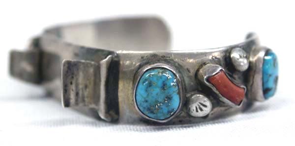 Navajo Pawn Silver Turquoise Watch Band by Thompson: Navajo Old Pawn Silver Turquoise and Branch Coral Watch Band by M.H. Thompson (engraved signature), inside measures 6.25'' which includes opening x .5''W, 38.4g in total wt.